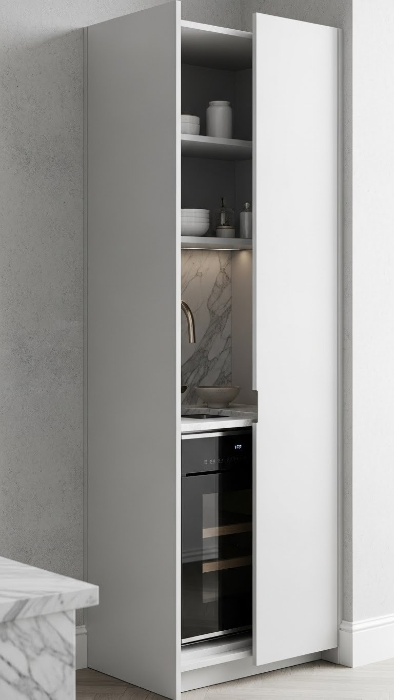 Compact built-in kitchen island with hidden storage drawers and marble countertop in minimalist modern small kitchen design