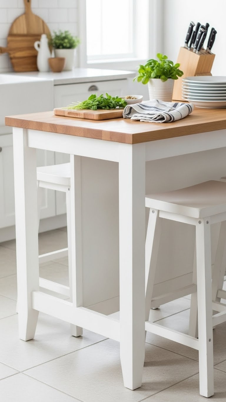 Compact butcher block kitchen island with backless stools designed for small kitchen spaces