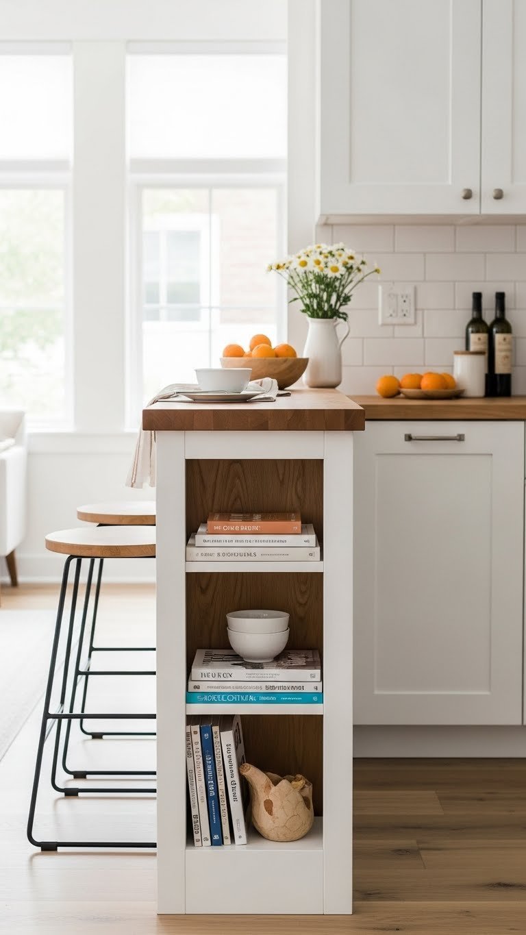 Compact butcher block kitchen island with open shelving & backless stools. Multi-functional peninsula for dining & working in small spaces.
