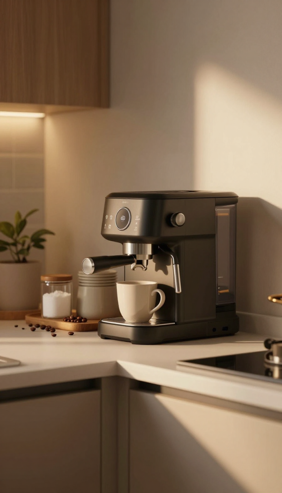 Compact coffee station with minimalist machine and matching mugs arranged on small kitchen countertop corner