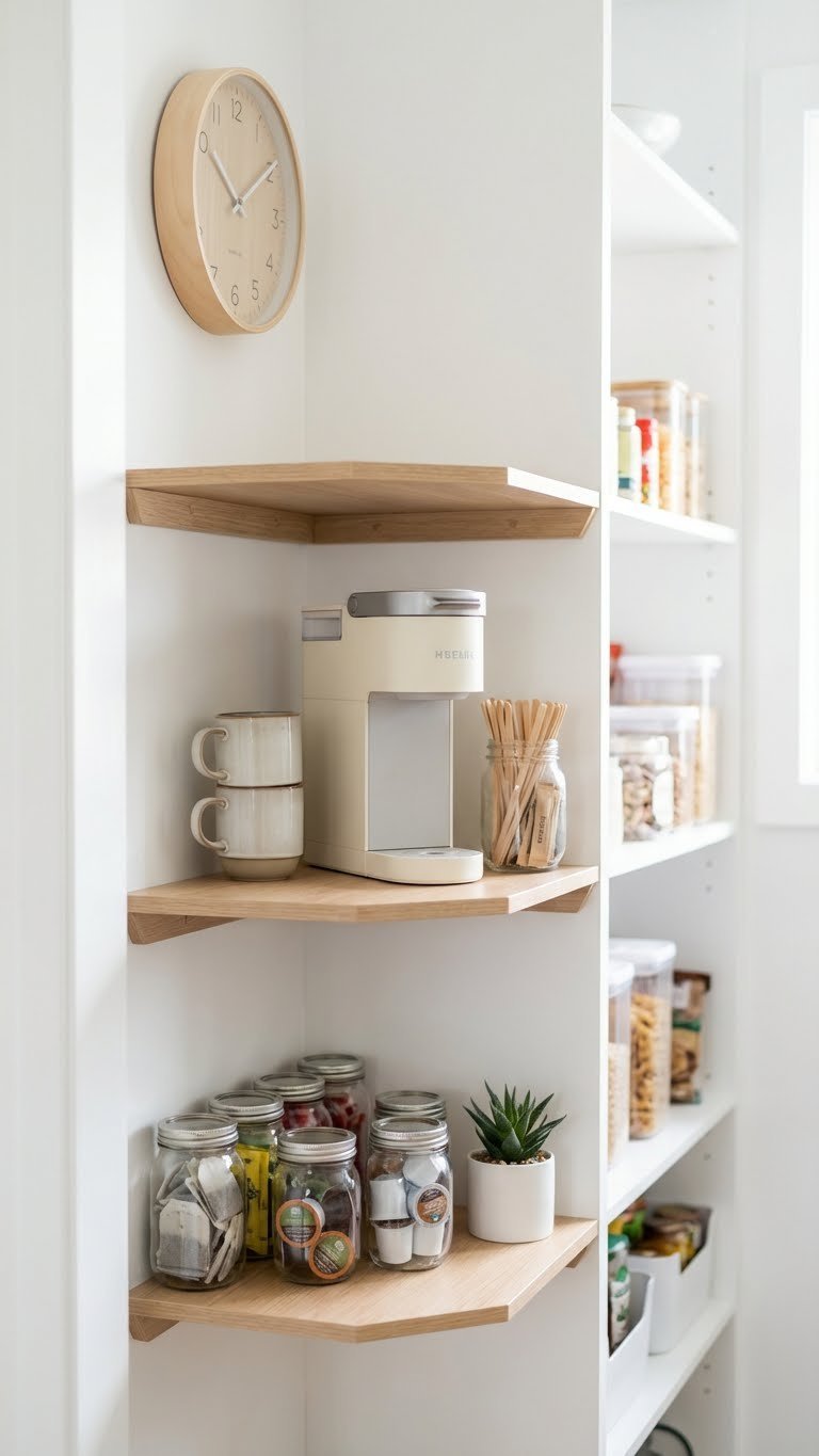 11 Ultimate Kitchen Pantry Beverage Station Ideas Design Your Dream Drink Hub 11 Compact corner beverage station in a kitchen pantry featuring a single-serve coffee maker, mugs, and tiered storage.