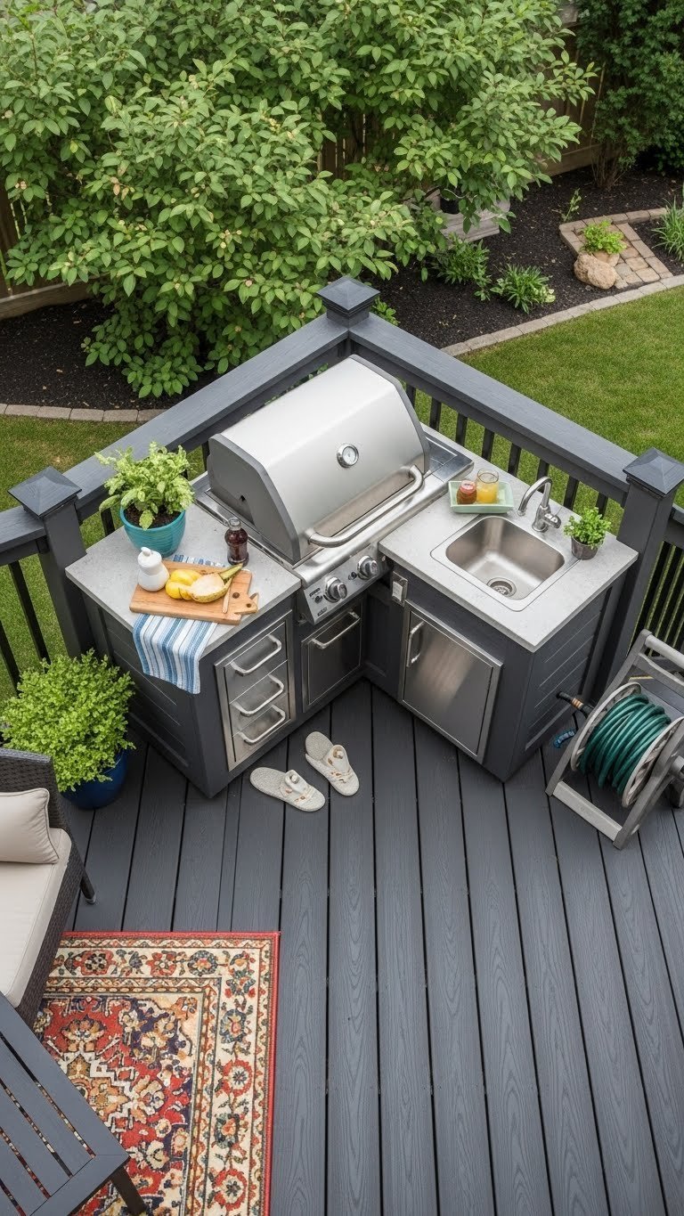 Outdoor Kitchen Layouts: 7 Essential Designs To Maximize Your Space 11 Compact corner outdoor kitchen with grill and counters tucked into deck corner with built-in planters