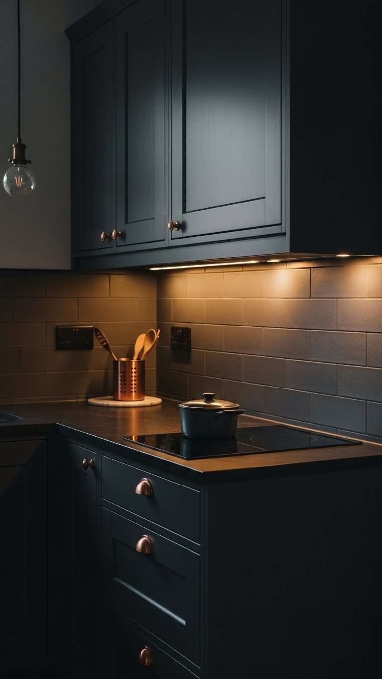 Dark Kitchen Aesthetic Apartment: Chic &Amp; Cozy Design Guide 3 Compact dark gray kitchen with warm under cabinet LED lighting illuminating a dark granite countertop and subway tile.