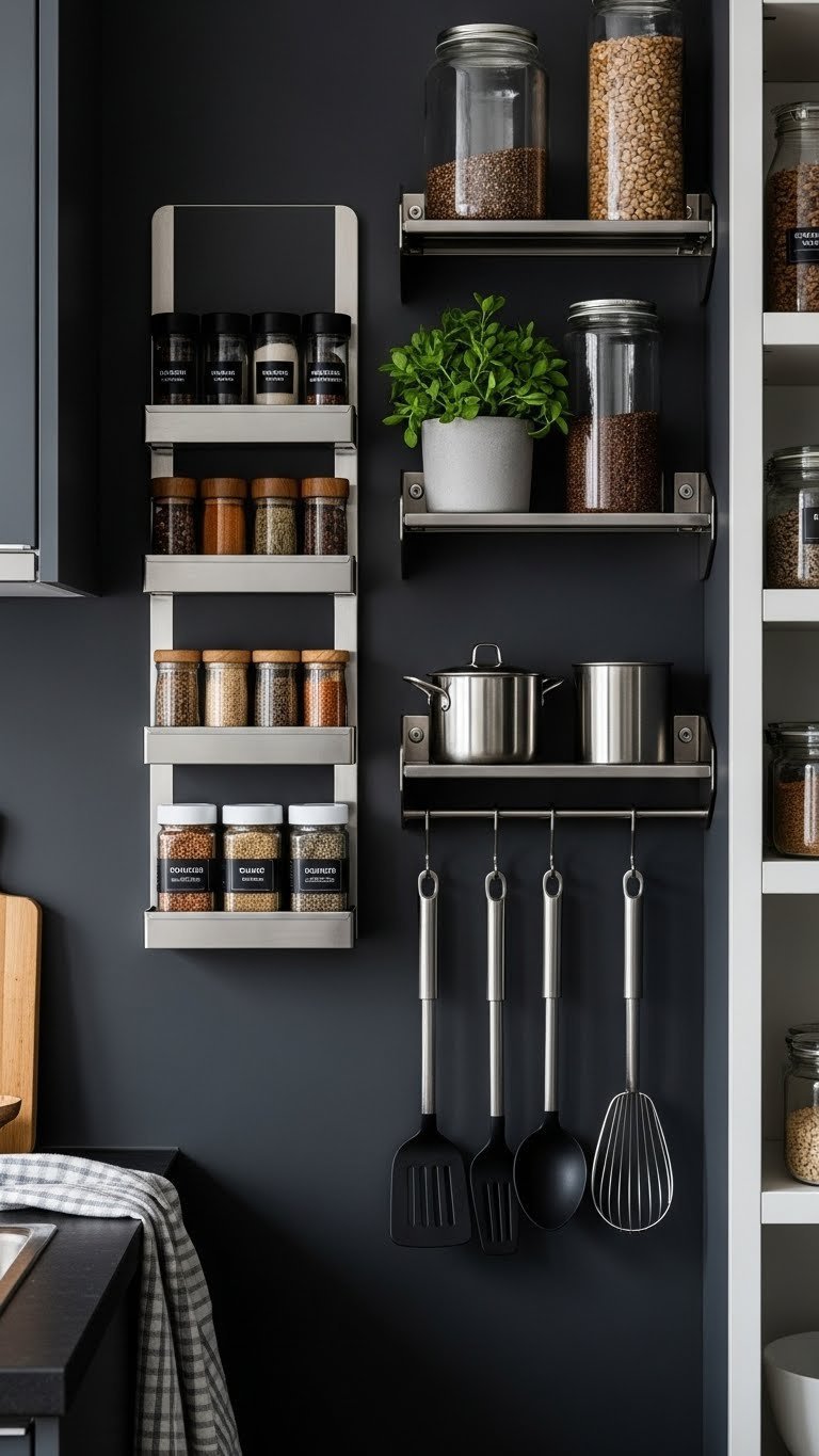 Dark Kitchen Aesthetic Apartment: Chic &Amp; Cozy Design Guide 11 Compact dark kitchen with magnetic spice rack and vertical utility rail, showcasing organized cooking tools on a dark wall.