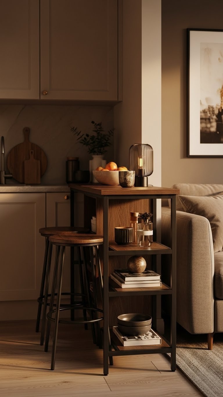 Compact dark wood console table separating kitchen/living. Dual-purpose for prep and decor. Deep browns, warm golds.