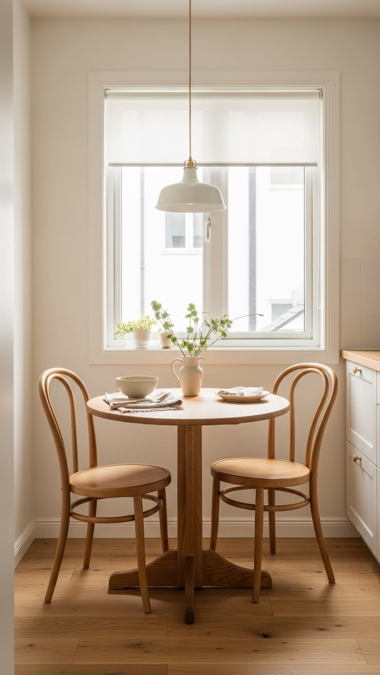 Compact dining nook with round wooden table and bentwood chairs integrated into small Japandi kitchen