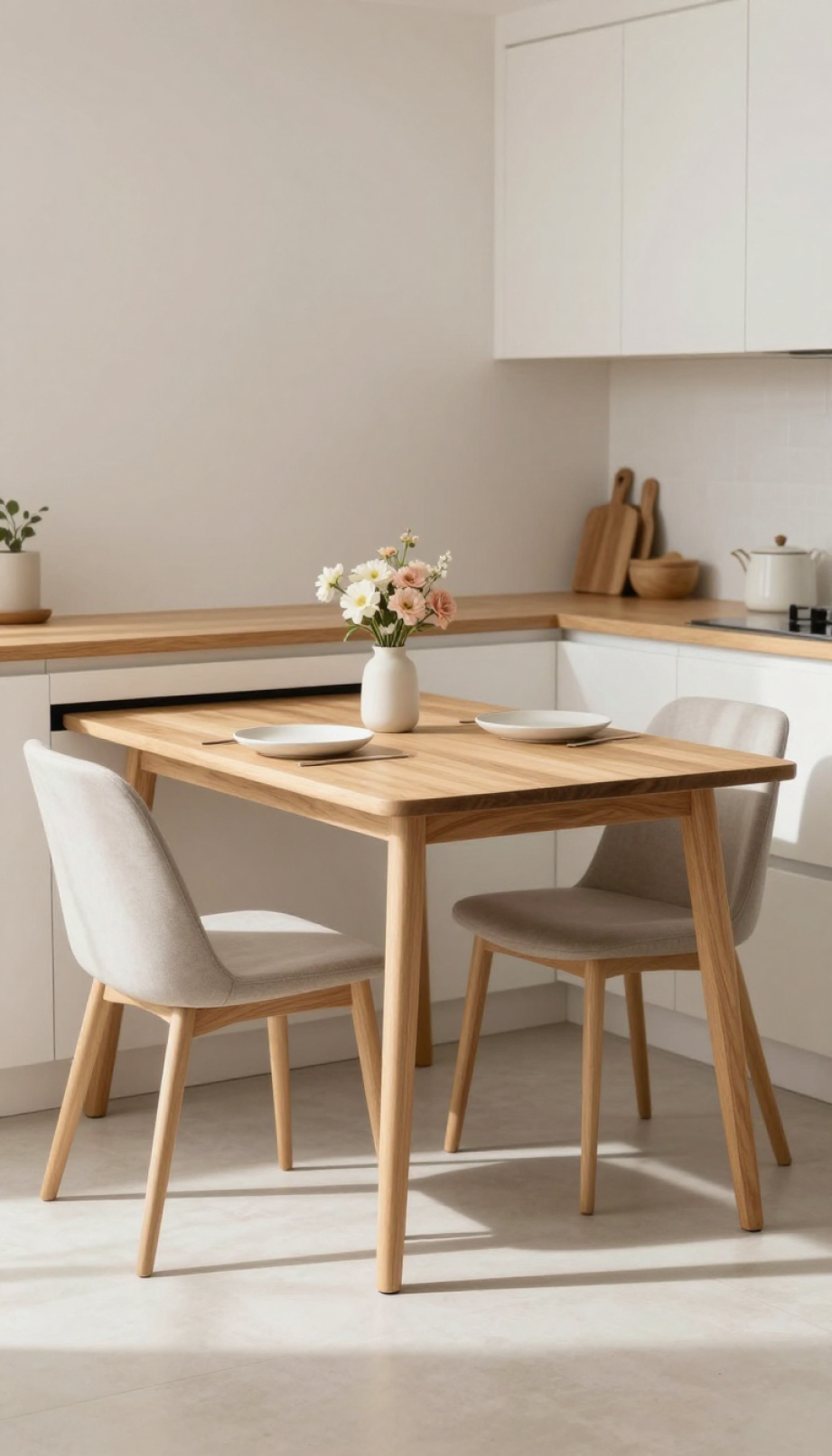 Compact drop-leaf dining nook with minimalist chairs in small kitchen corner for functional space.