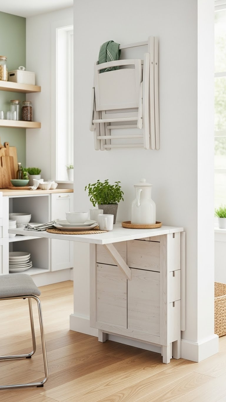 Compact drop leaf kitchen table against white walls with folding chairs and herbs creating an expandable dining solution