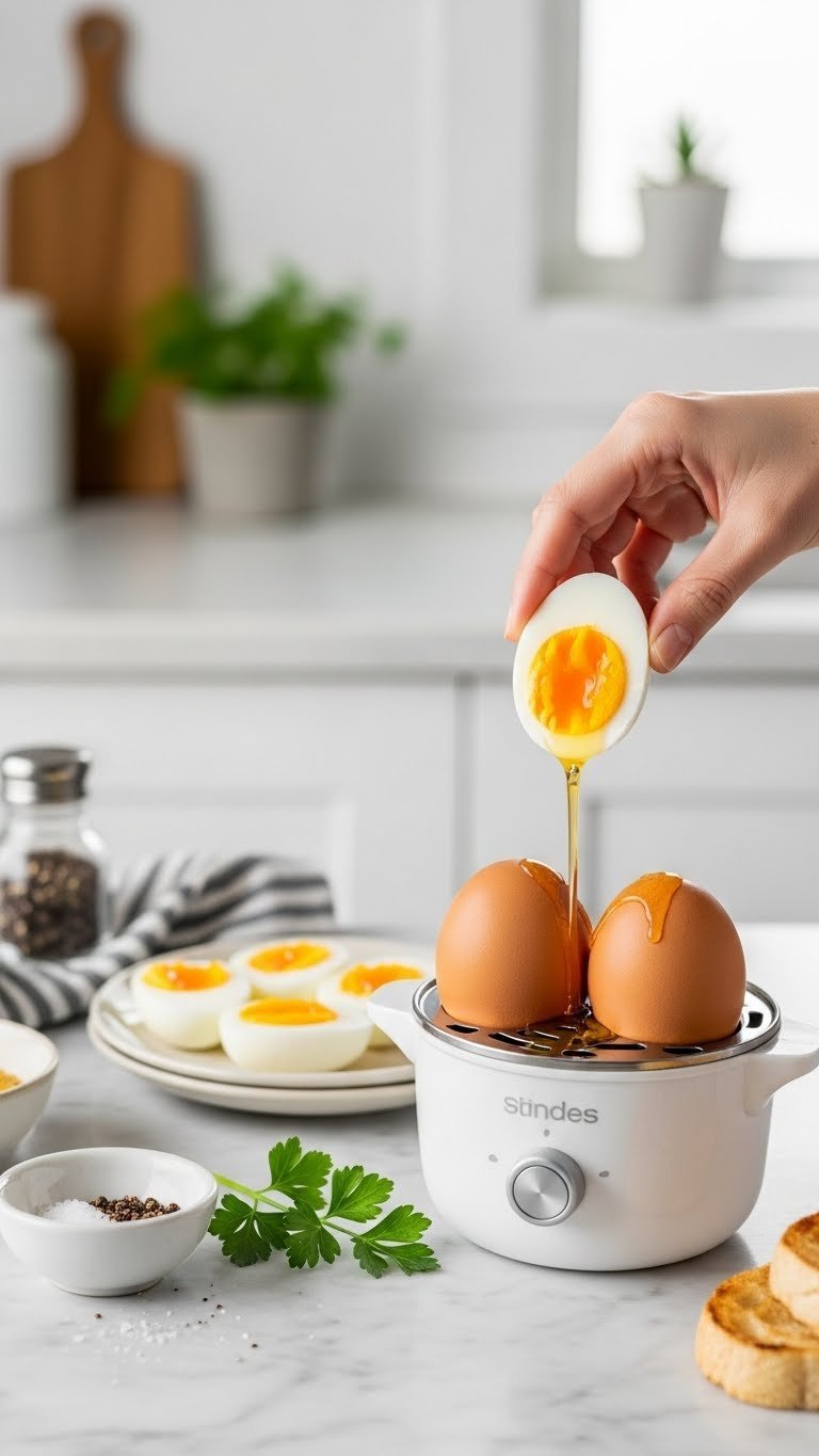 Meesho Kitchen Gadgets: 11 Essential Tools For Smart Cooking 21 Compact electric egg boiler cooking eggs with perfectly boiled eggs arranged on small plate nearby.