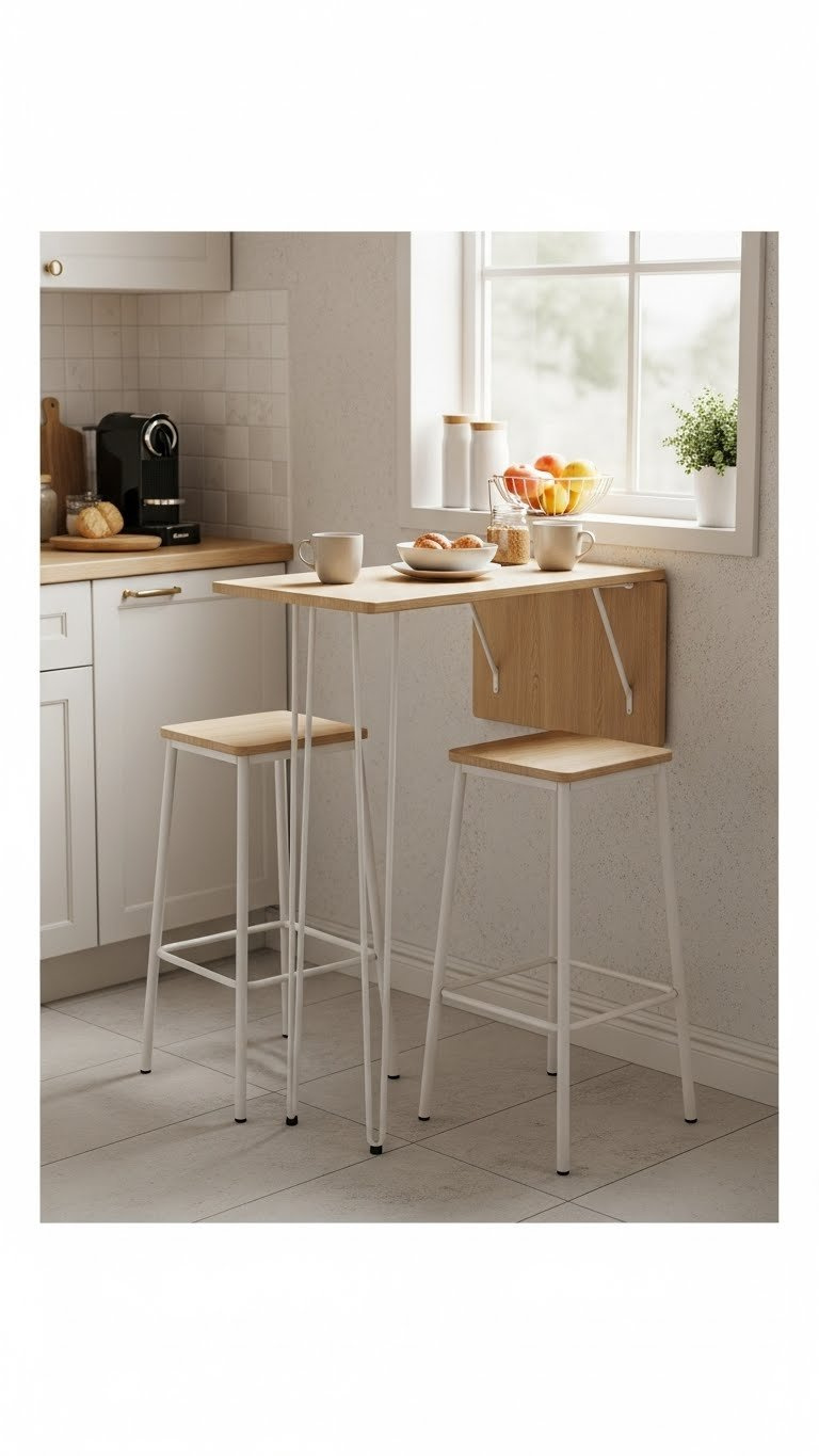 7 Essential Small Kitchen Ideas With Breakfast Bar 5 Compact freestanding mini breakfast bar with light wood top and metal legs positioned against textured wall in cozy kitchen corner.
