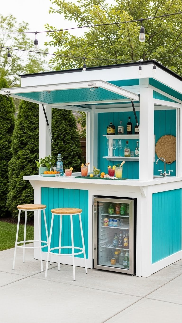 Compact freestanding outdoor bar pergola with cocktails and vibrant garnishes on concrete patio