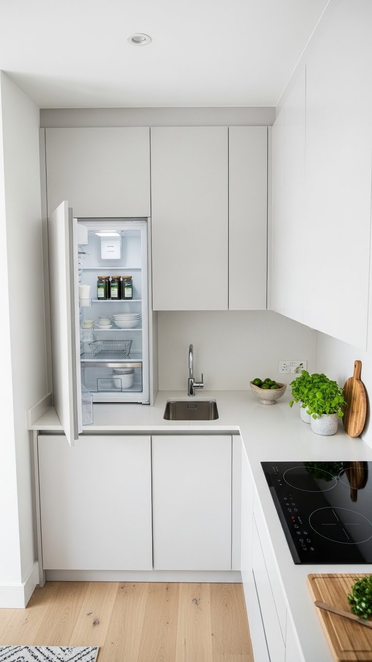 Compact galley kitchen layout with refrigerator, sink, and cooktop forming efficient workflow triangle