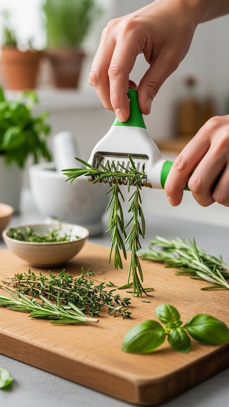 Compact herb stripper tool removing leaves from fresh rosemary sprigs on a rustic cutting board