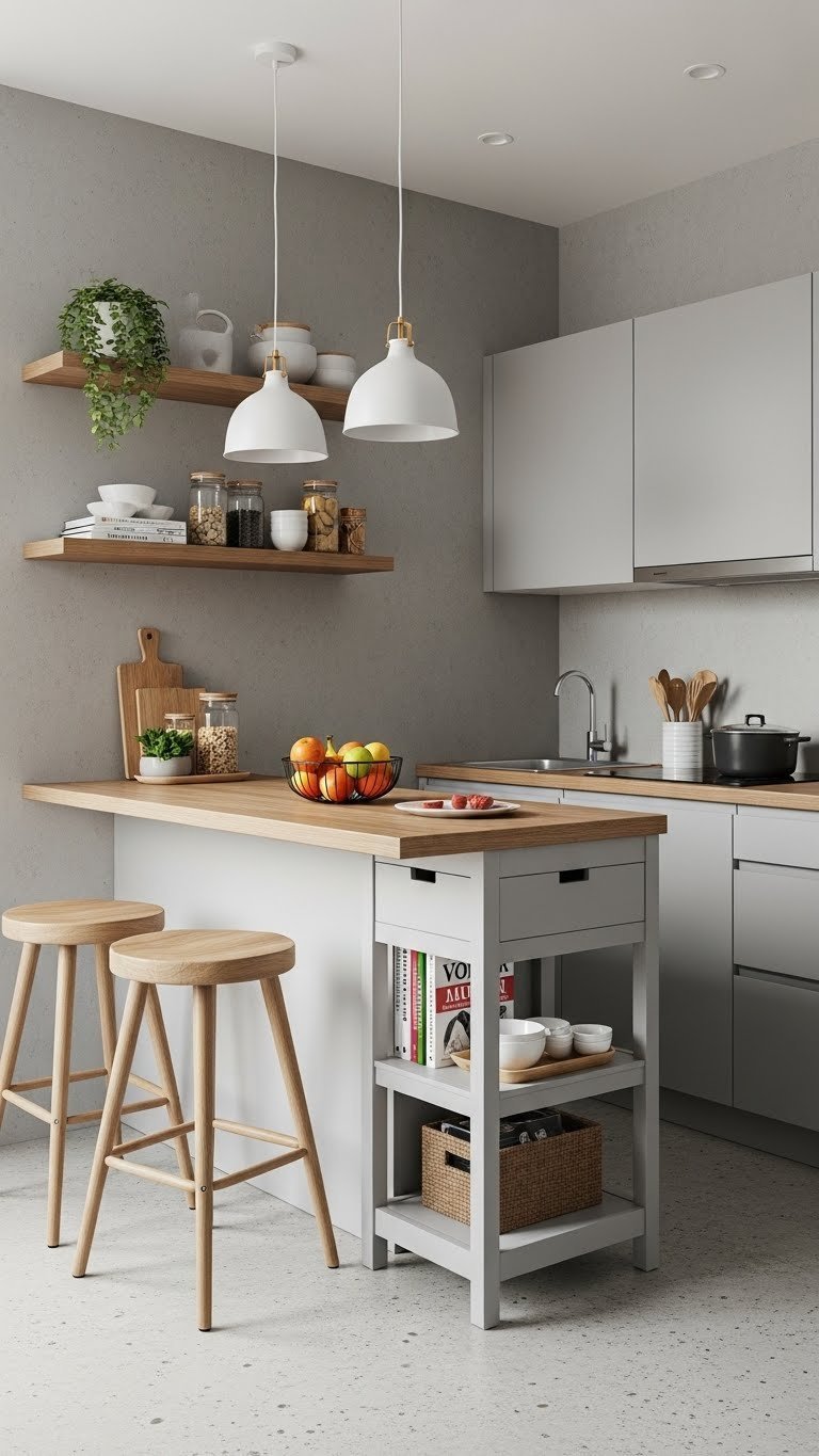 Compact island kitchenette with wood finish countertop and integrated storage in small Kerala home interior.