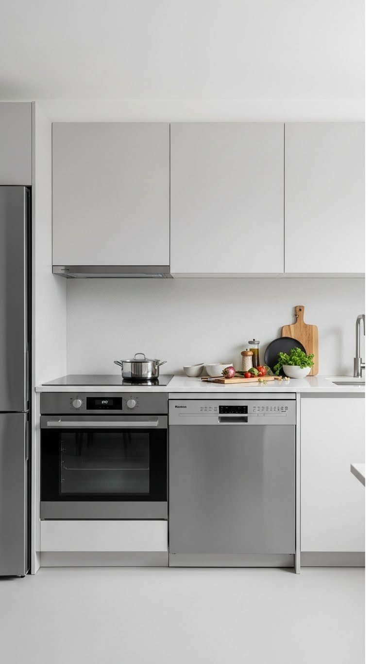 Compact kitchen appliances including 24-inch refrigerator and slim induction cooktop integrated into light cabinetry
