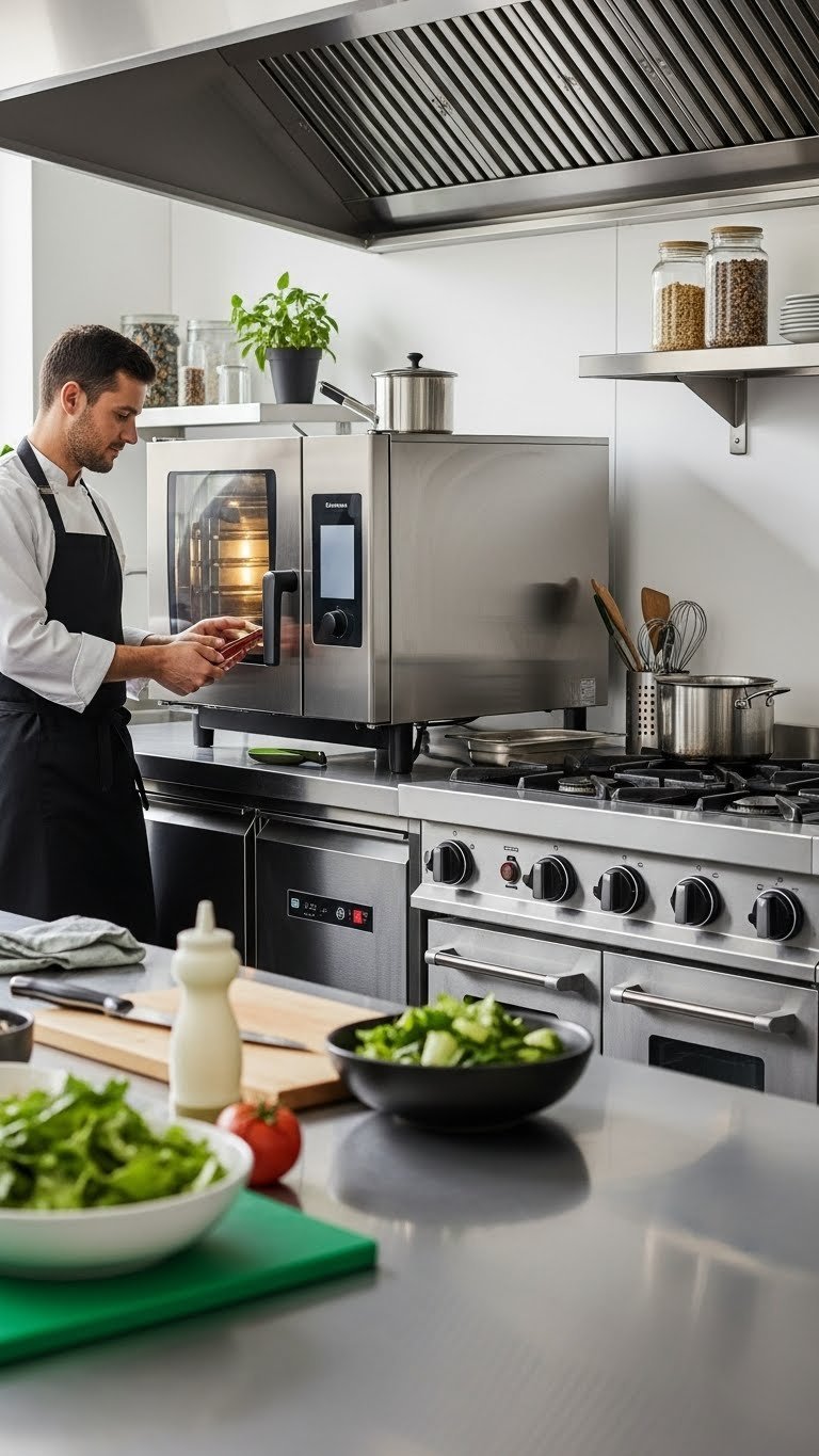 Compact kitchen equipment including ventless combi oven and under-counter refrigerator in modern small restaurant setup.