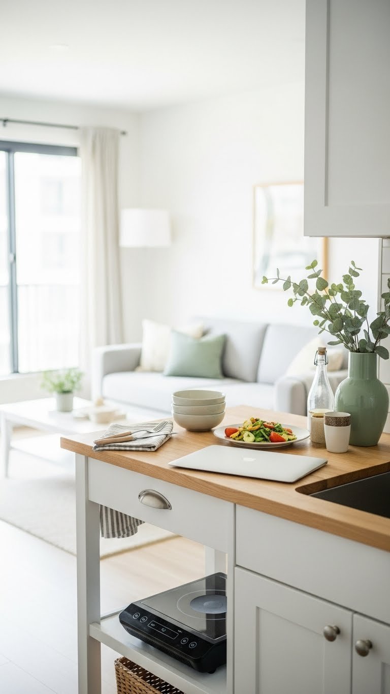 Compact kitchen island cart with laptop and meal setup in a small studio apartment kitchen