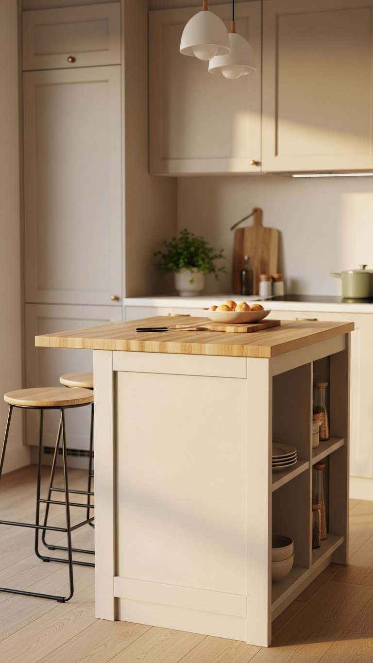 Compact kitchen island with butcher-block top and bar stools in warm golden hour lighting