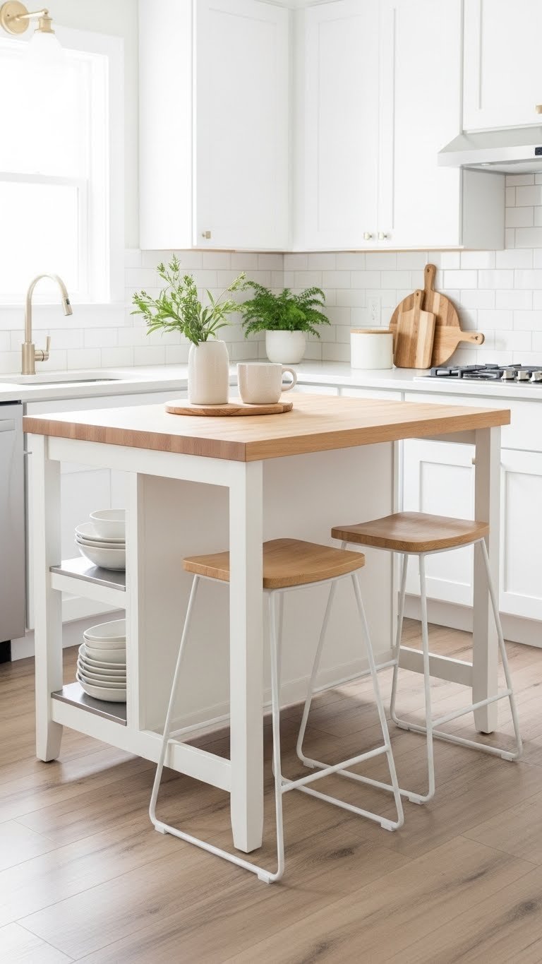 Compact kitchen island with butcher block top and integrated shelving accompanied by sleek backless bar stools