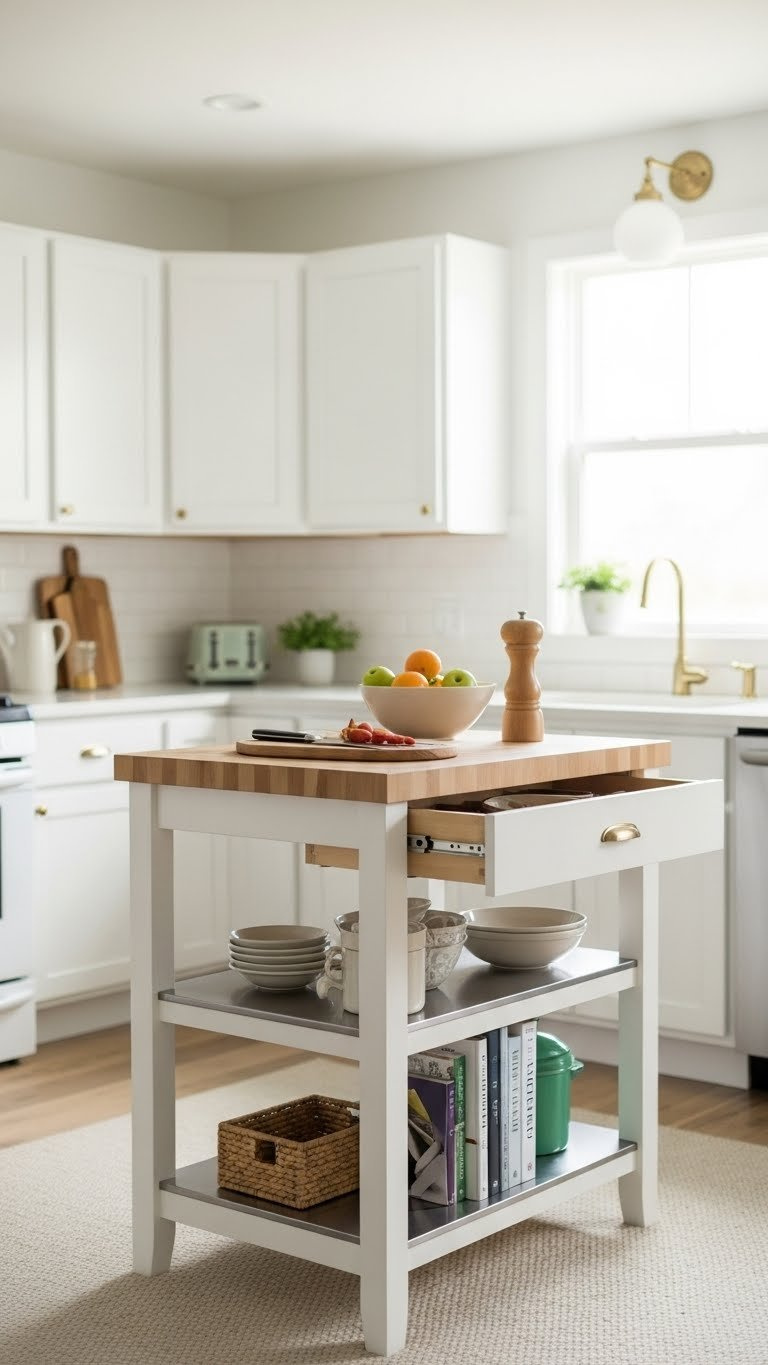 Compact kitchen island with butcher block top and integrated shelving for prep area and storage