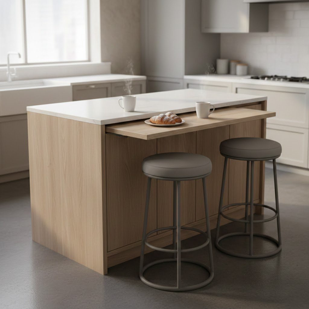 Small Kitchen Island: 7 Proven Ideas To Maximize Space 7 Compact kitchen island with hidden pull-out seating and quartz top revealing breakfast bar seating for two.