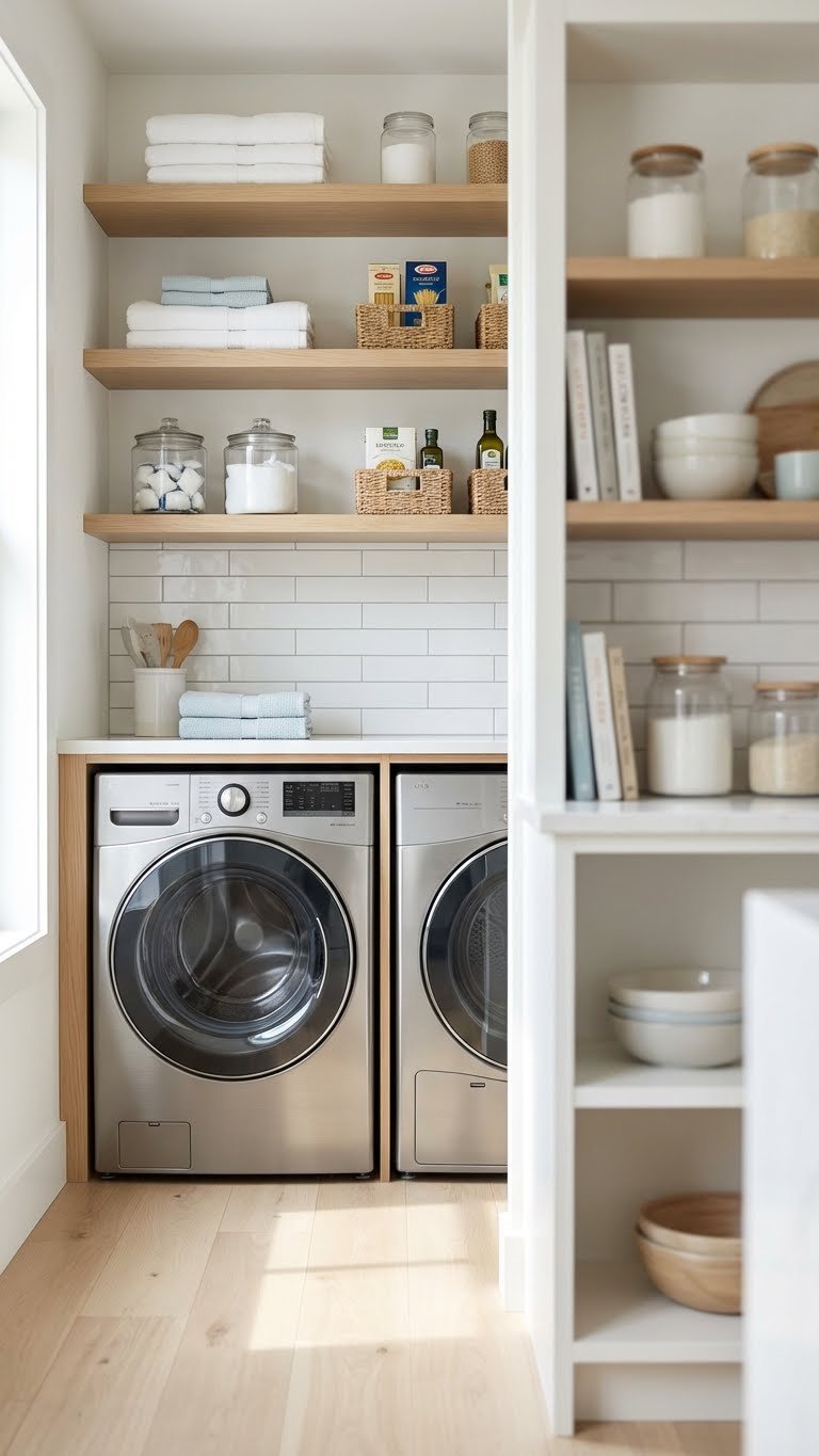 Space-Saving Kitchen Pantry Laundry Room Ideas 9 Compact kitchen pantry with under-counter washer and slim dryer, integrated shelving, white subway tile, and towels.