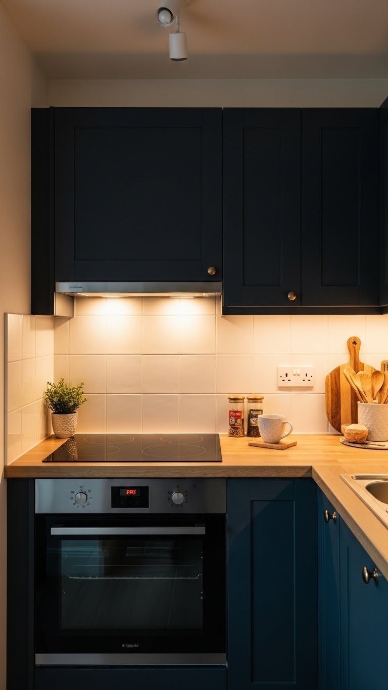 Compact kitchen with dark navy cabinets, warm LED lighting, wooden countertop, and cozy coffee mug arrangement in golden hour light