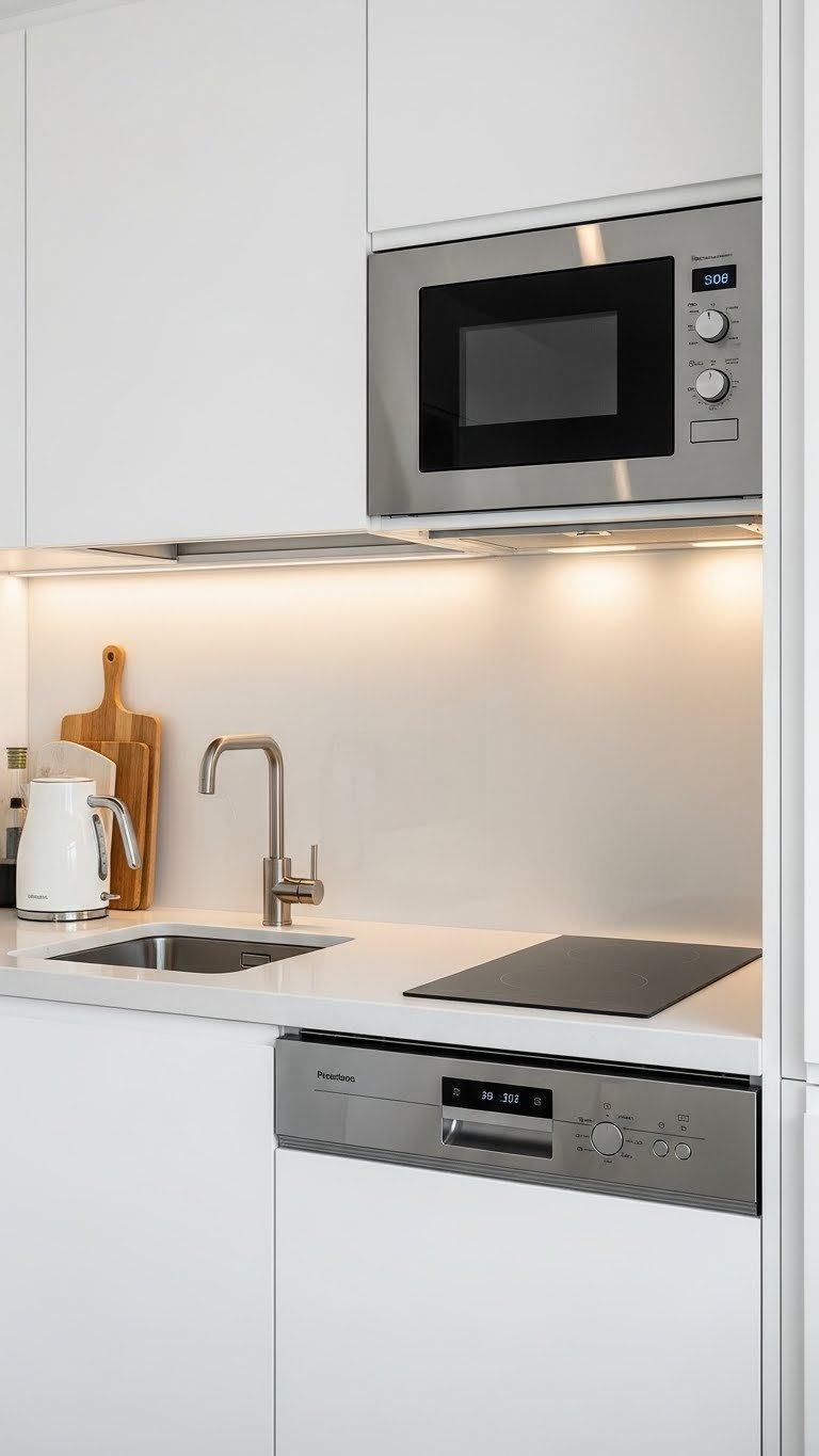 Compact kitchen with integrated dishwasher, induction cooktop, and microwave convection oven for efficient workspace organization