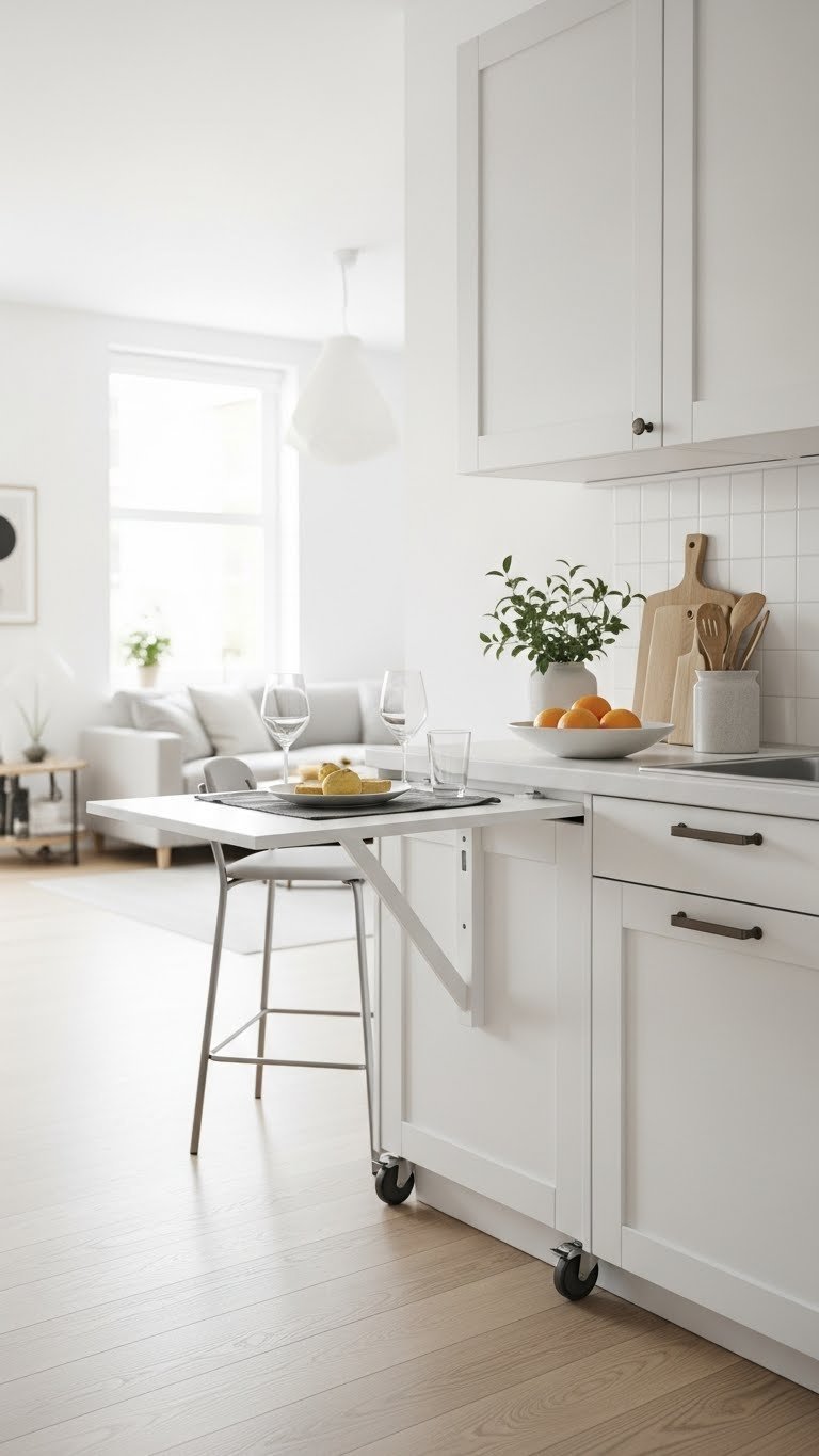 Compact kitchen with multi-functional rolling island that doubles as breakfast bar in small space design