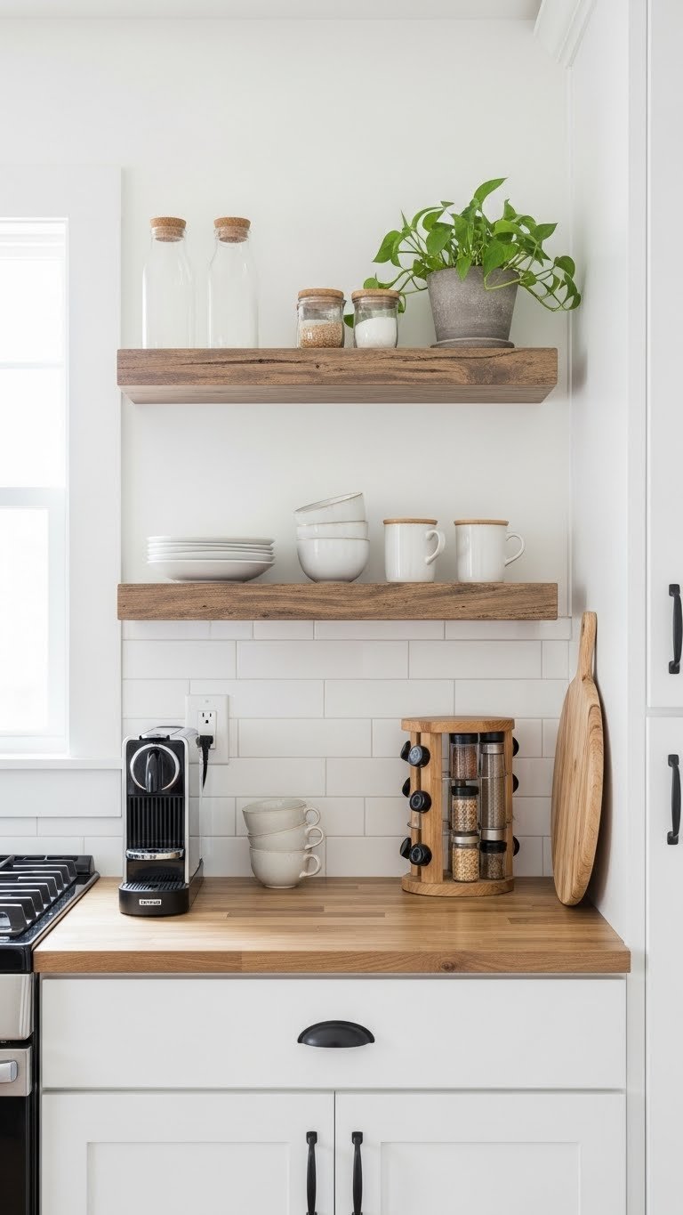 Compact kitchen with rustic floating shelves organized with essential items and plant