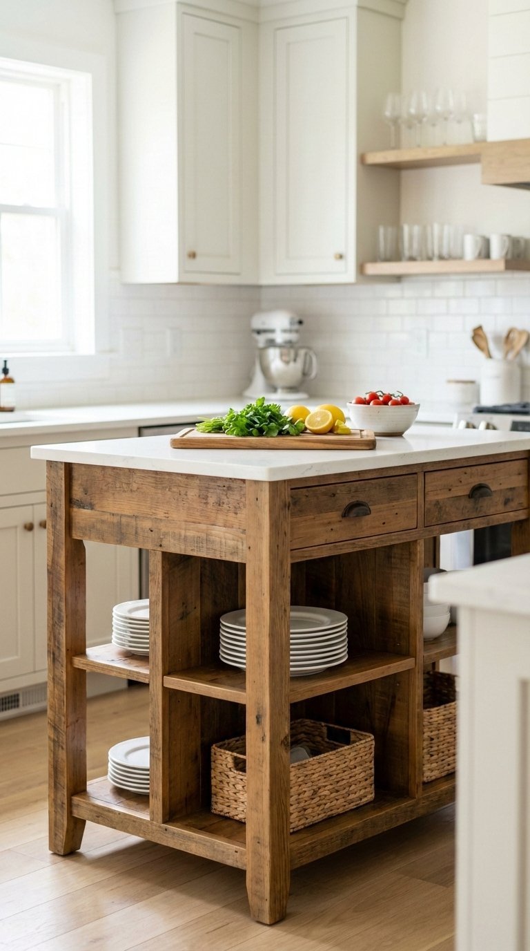 Compact kitchen with wooden island featuring storage, cutting board with produce, and light-colored cabinetry background