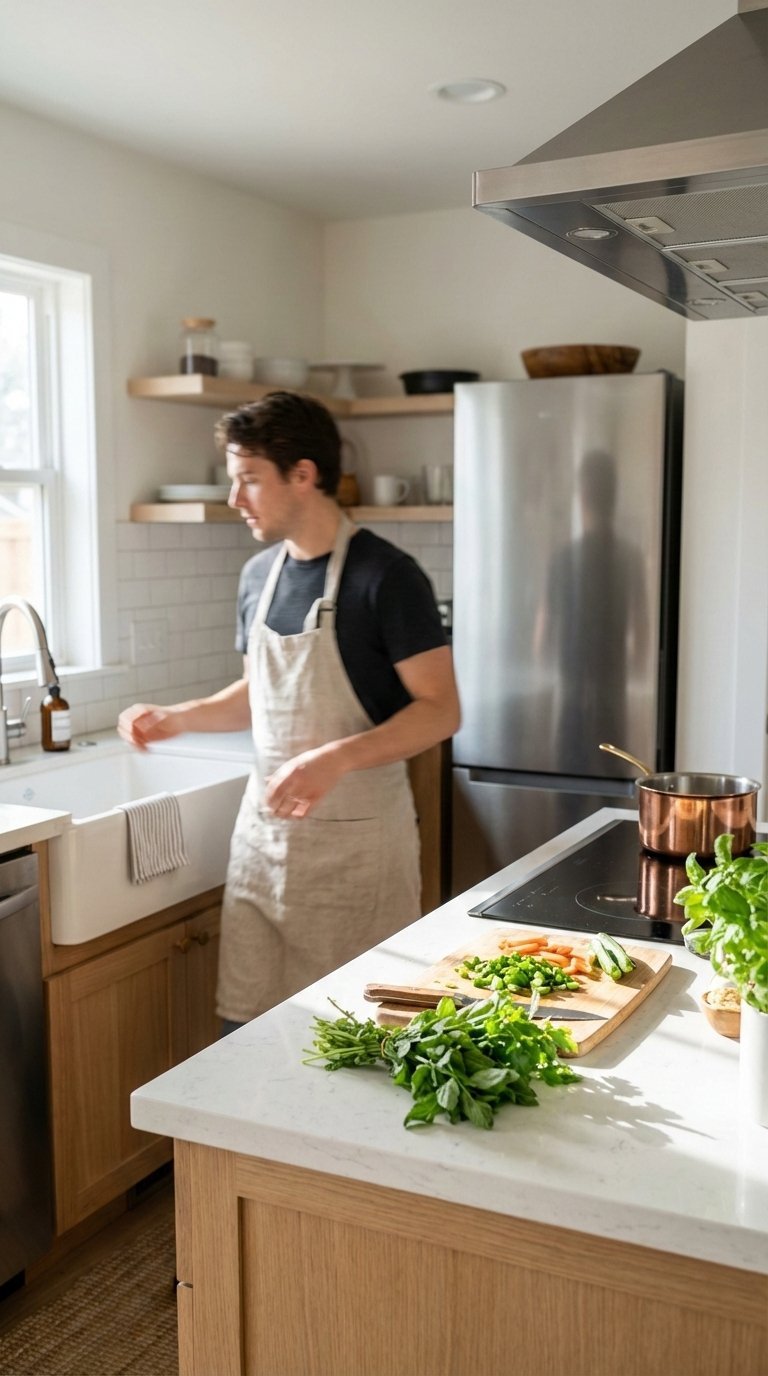 Compact kitchen work triangle with person cooking efficiently between sink, refrigerator, and cooktop with fresh ingredients
