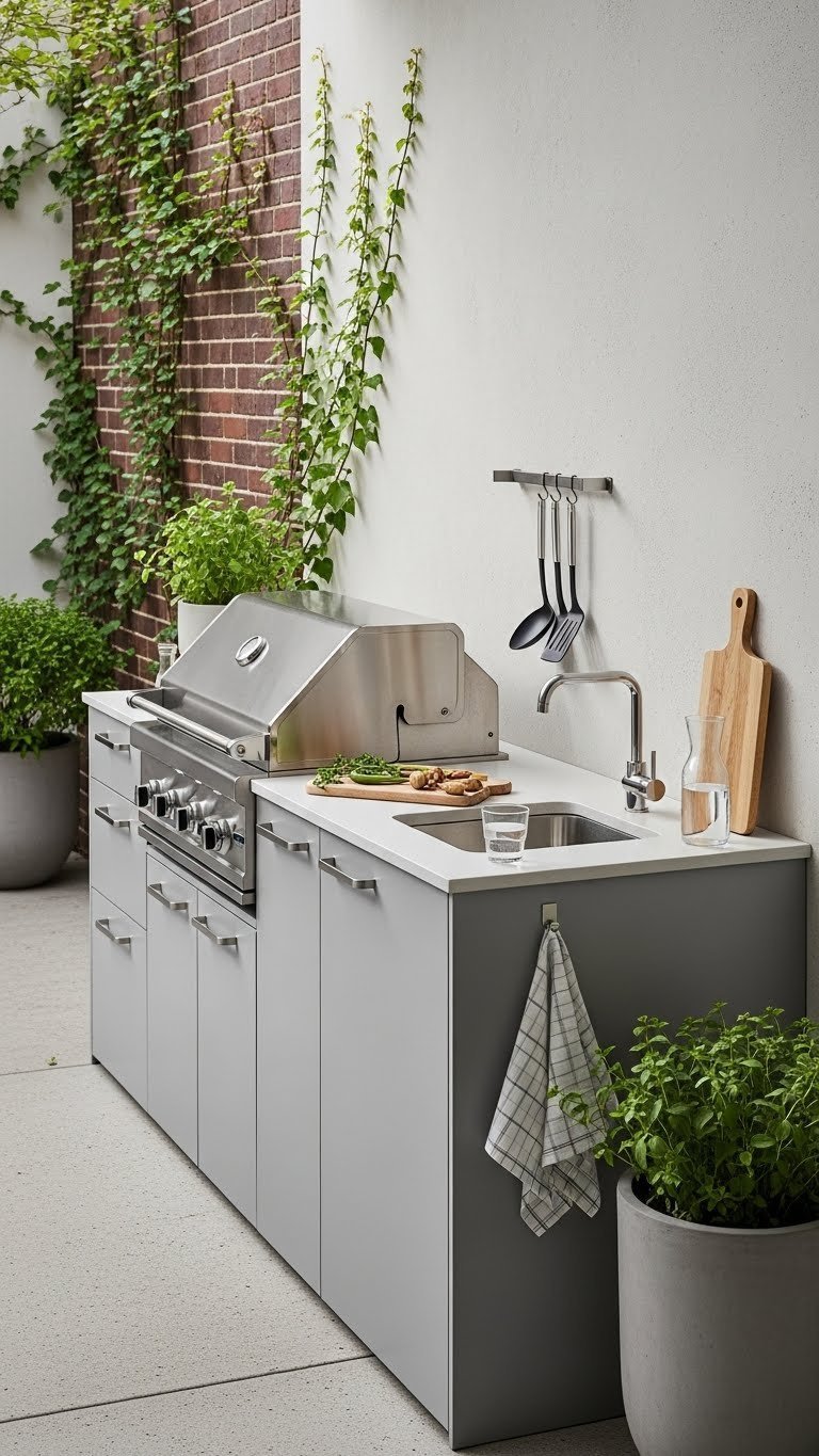 Small Outdoor Kitchen: 11 Smart Designs To Maximize Your Space 1 Compact linear outdoor kitchen with stainless steel grill and sink against brick wall with ivy on concrete patio