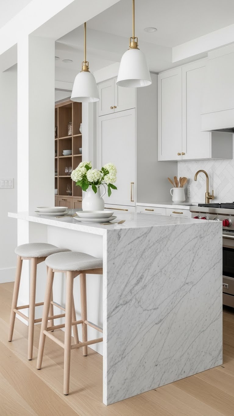 Compact marble kitchen island with waterfall edge providing extra prep space and seating area with bar stools