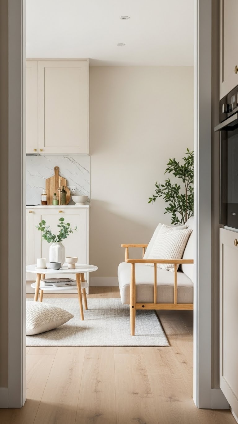 Compact mid-century modern sofa & coffee table in open concept living. Scale-appropriate, warm creams, subtle greens.