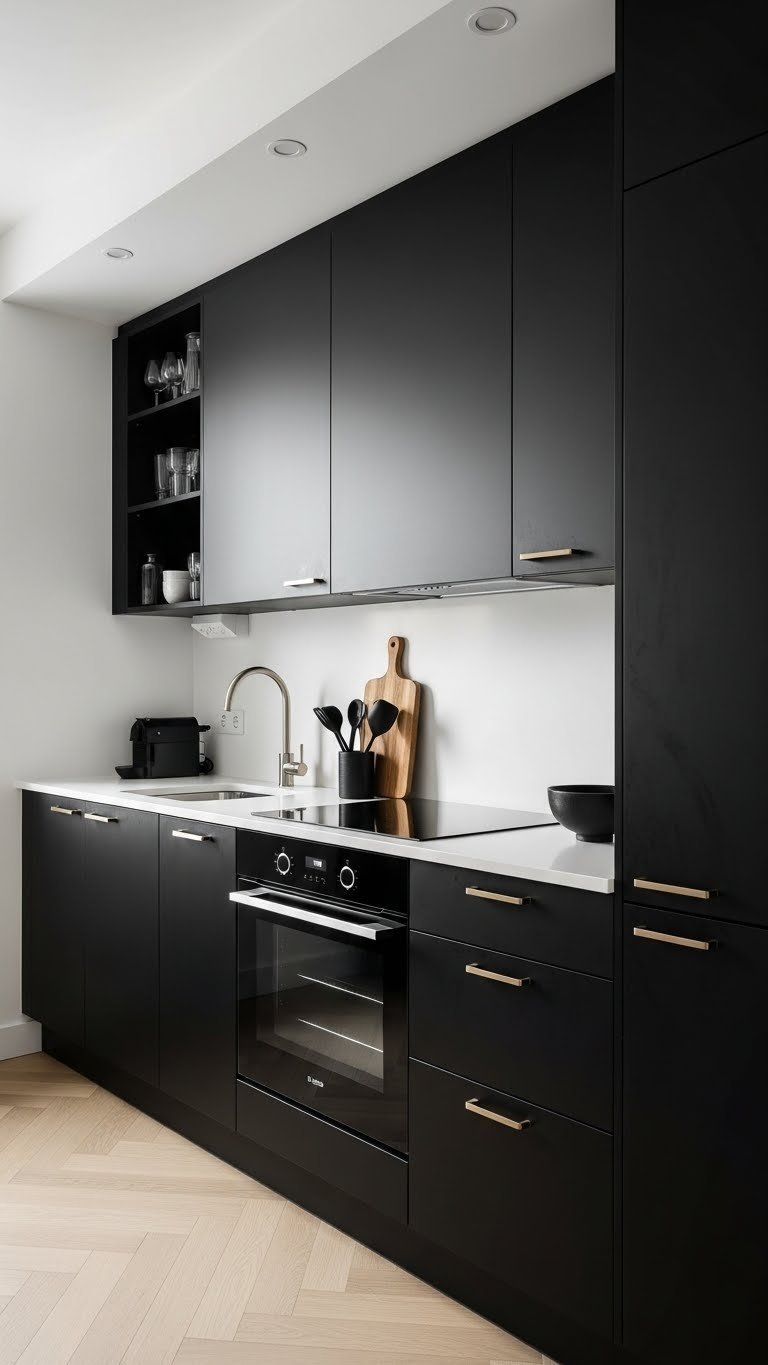 Compact minimalist black kitchen with slab cabinets, integrated appliances, high-contrast white countertop, and open shelving.