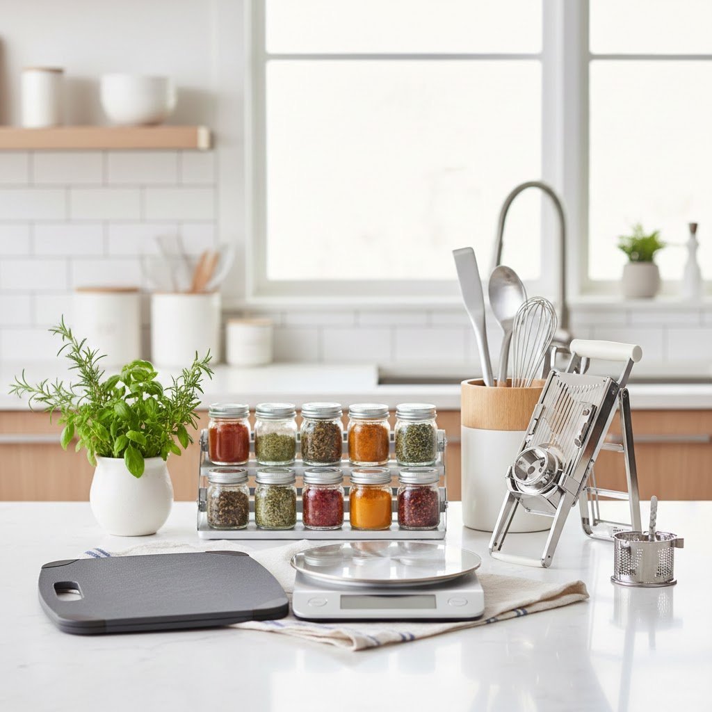 Compact modern kitchen gadgets including digital scale and foldable cutting board organized on quartz countertop.