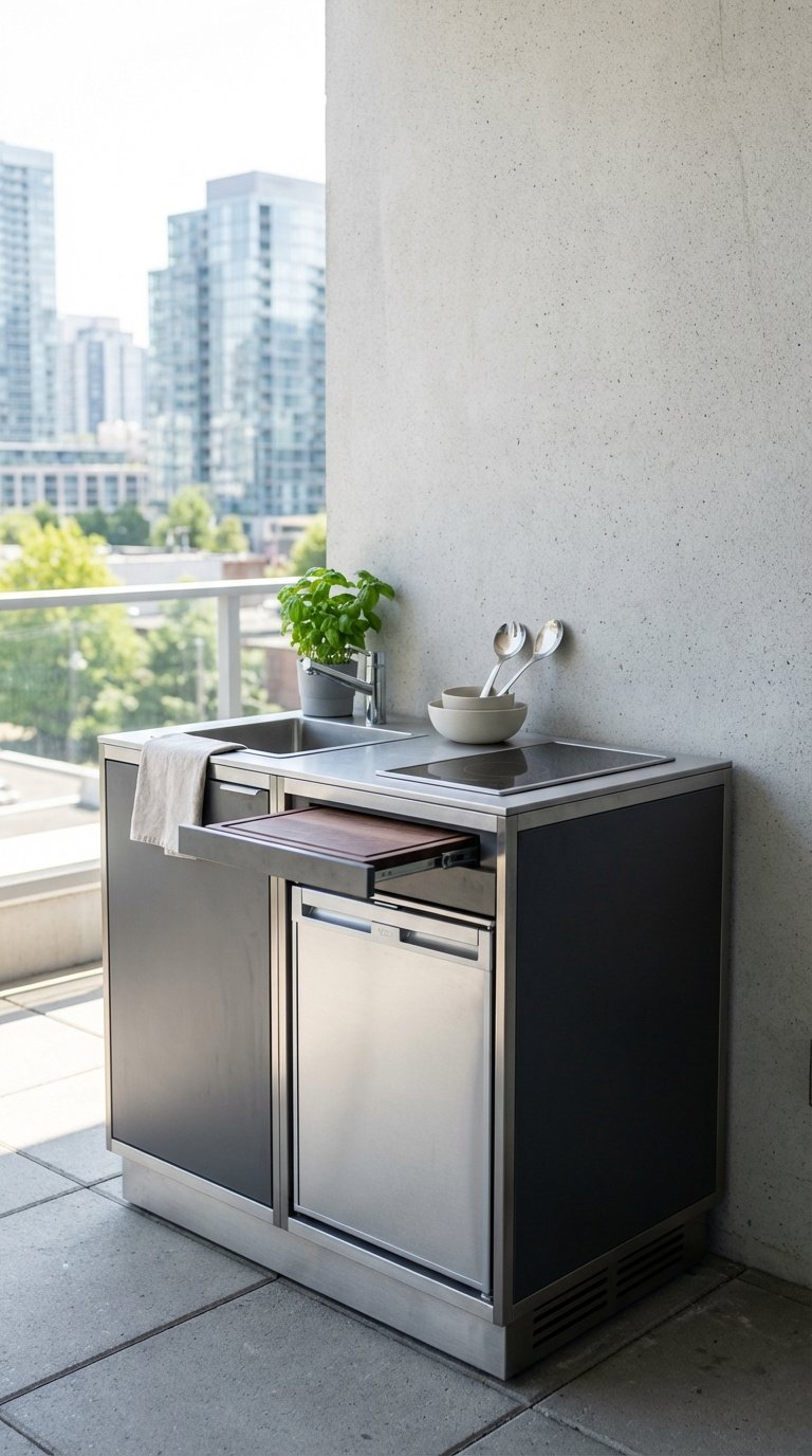 Compact modular mini-kitchen unit with sink, induction cooktop, and mini-fridge for urban balcony living