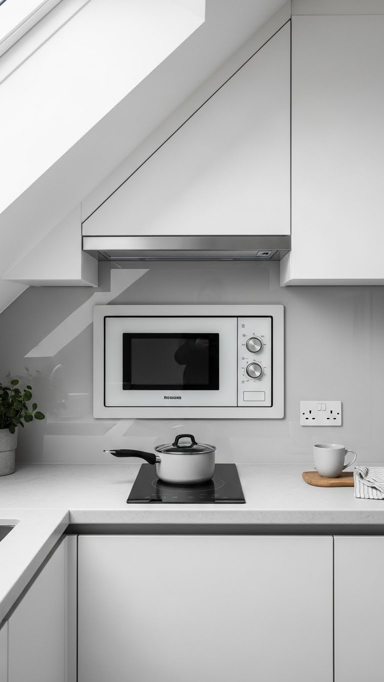 Compact multi-functional kitchen appliance discreetly integrated into small countertop space in modern attic kitchen design
