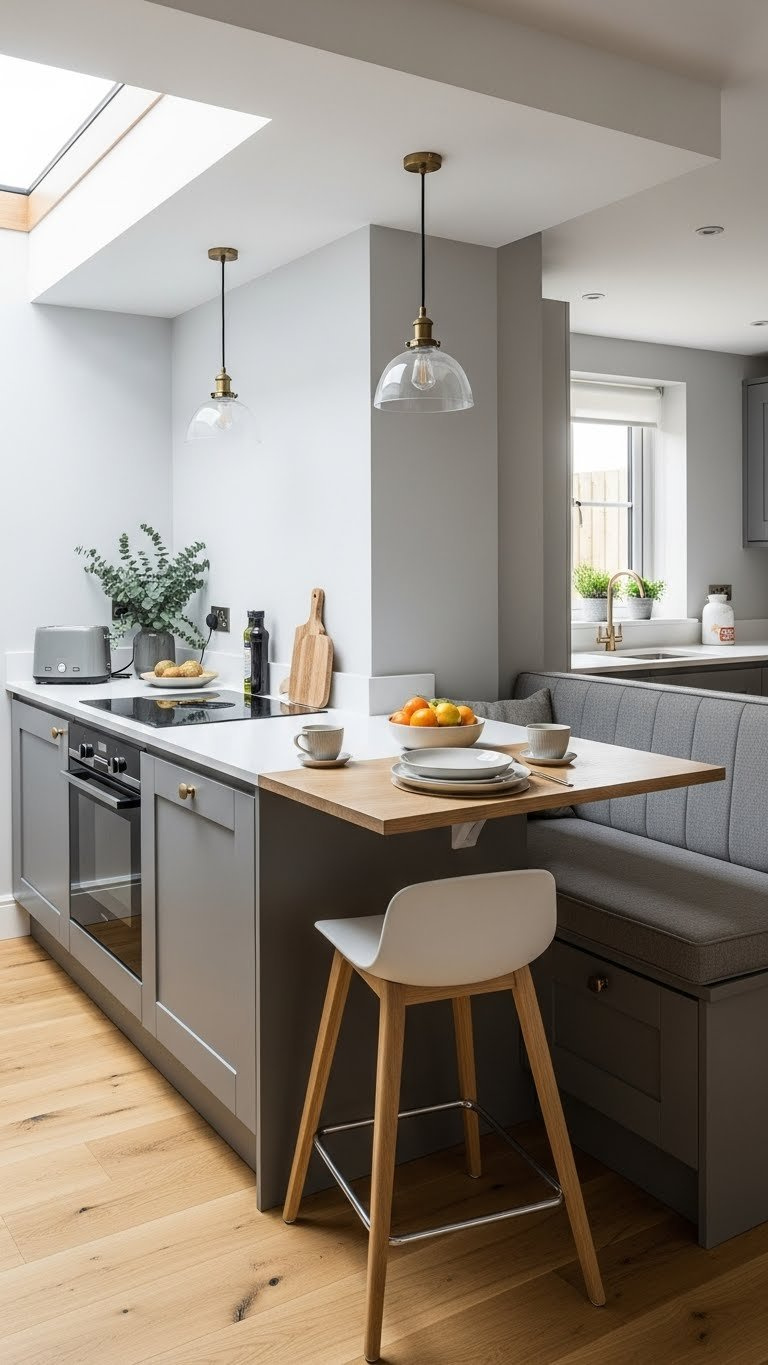 Compact multifunctional kitchen island with quartz worktop, built-in banquette seating, and integrated storage in modern small kitchen extension.