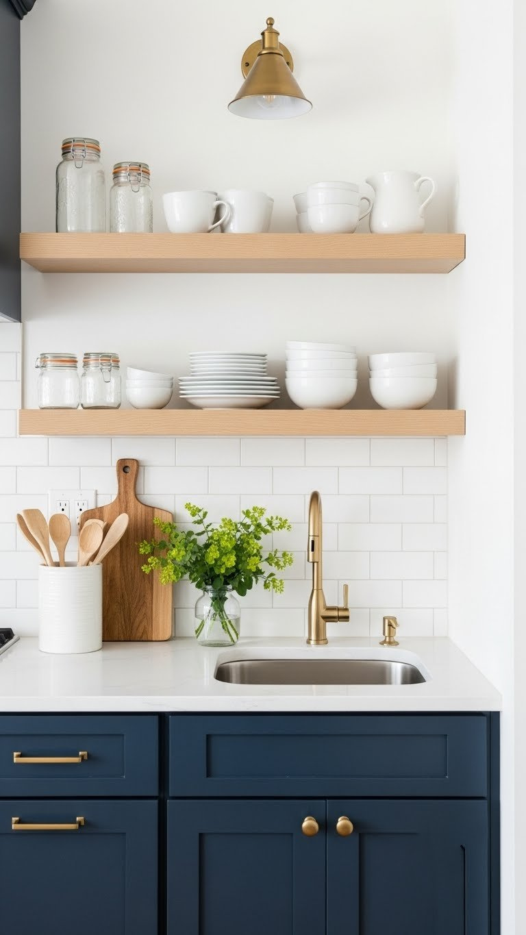 Compact navy kitchen with matte navy lower cabinets, light wooden open shelves, and minimalist white dishware organization