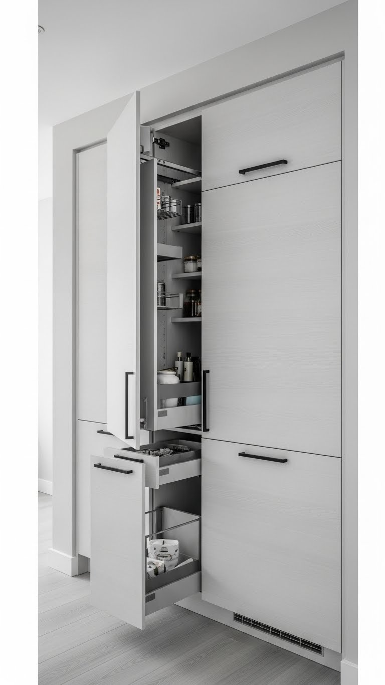 Open Floor Plan Living Room &Amp; Kitchen: Design Ultimate Spaces 7 Compact open plan, vertical storage. Sleek handleless cabinetry connects kitchen & living. Light gray floor, neutral.