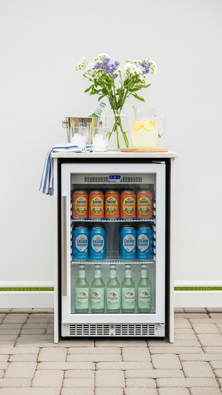 Compact outdoor beverage center featuring mini fridge with chilled drinks on neutral patio surface