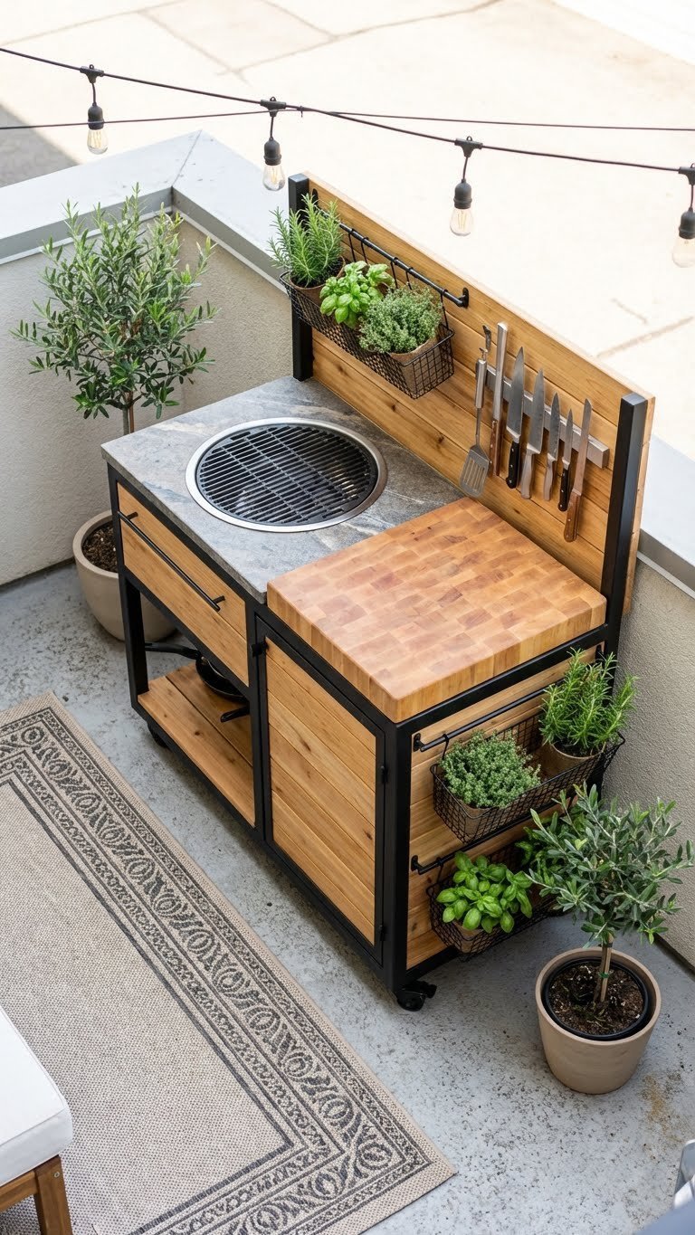 Compact outdoor grill station on urban patio with butcher block prep area and vertical storage for small spaces