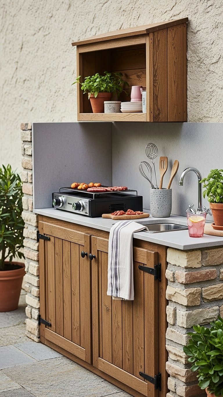 Compact outdoor kitchen with essential appliances integrated into wooden cabinetry and stone siding for small spaces