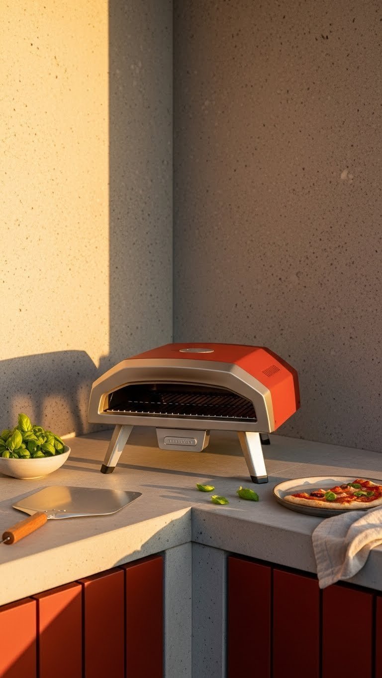 Compact outdoor pizza oven corner with heat-resistant base on concrete countertop surface