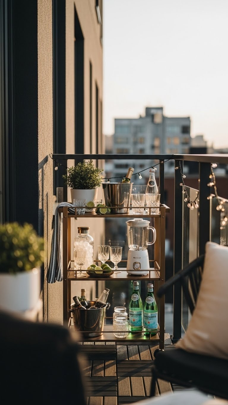Compact portable rolling bar cart on urban balcony with ice bucket, glasses, and fresh limes for outdoor entertaining