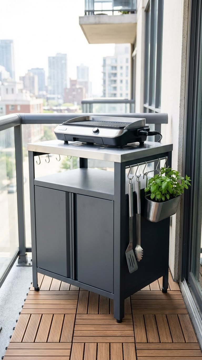 Outdoor Kitchen Cabinets Ideas For Stylish Durable Storage 10 Compact powder-coated steel outdoor kitchen cart for small balcony with city skyline background.