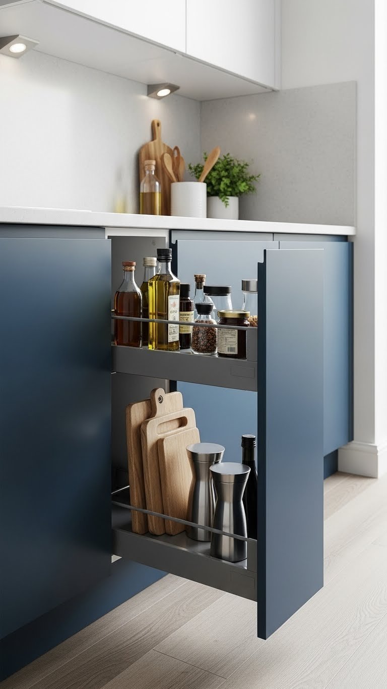 Proven Pull Out Pantry Ideas: Maximize Space In Any Kitchen 9 Compact pull-out under-counter pantry in small kitchen, organized for oils, vinegars, and baking essentials.