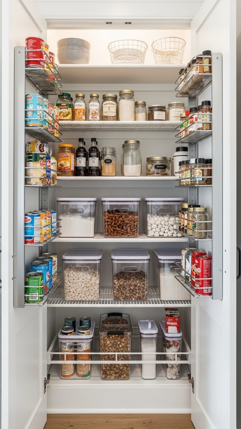 7 Essential Kitchen Pantry Design Ideas For Maximum Storage 5 Compact reach-in pantry with pull-out shelves, clear bins, and an over-the-door spice rack for maximizing small kitchen storage.